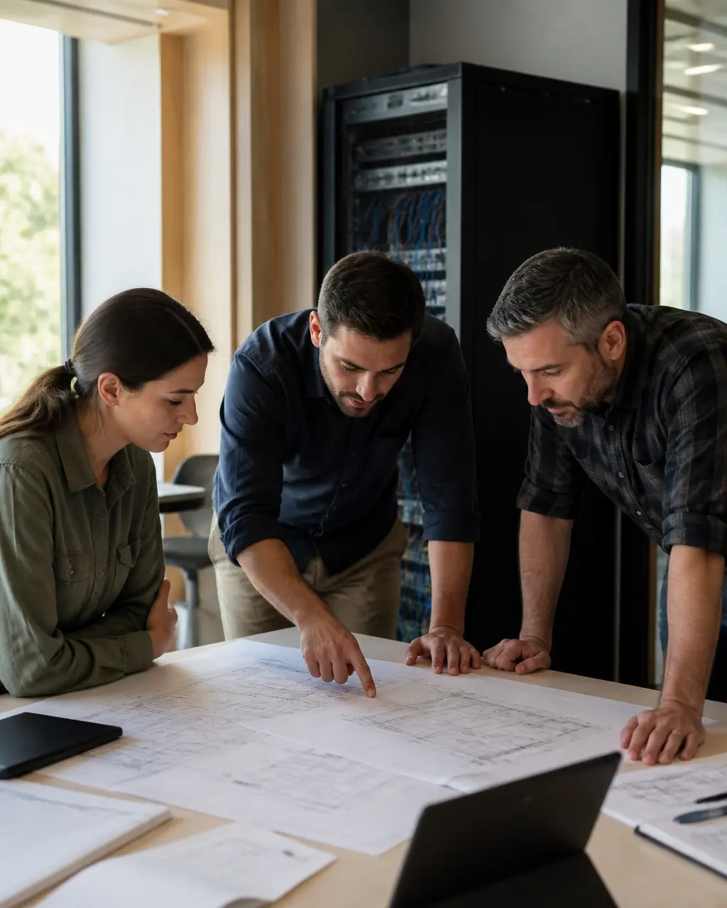 Whitwerx field team reviewing a commercial low-voltage installation plan in a modern office