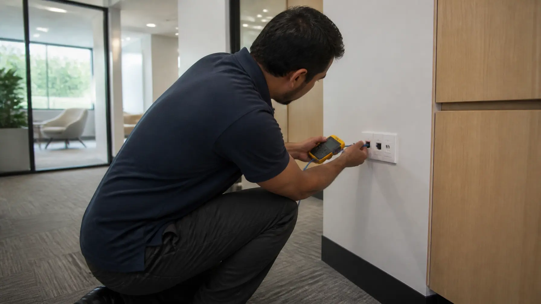 Technician testing a neatly routed network connection in a finished commercial office