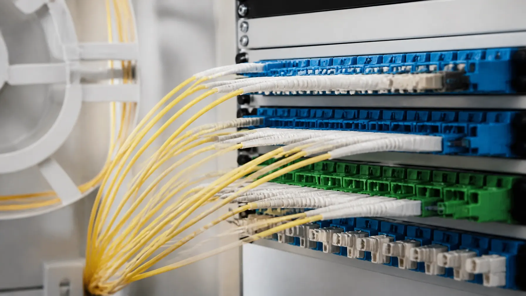 Color-coded fiber optic connections arranged on an organized modern patch panel
