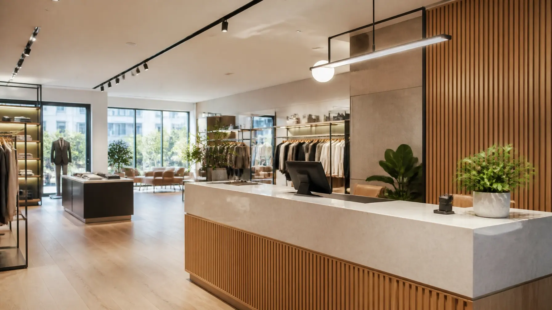 Modern retail interior with a polished service counter prepared for opening day