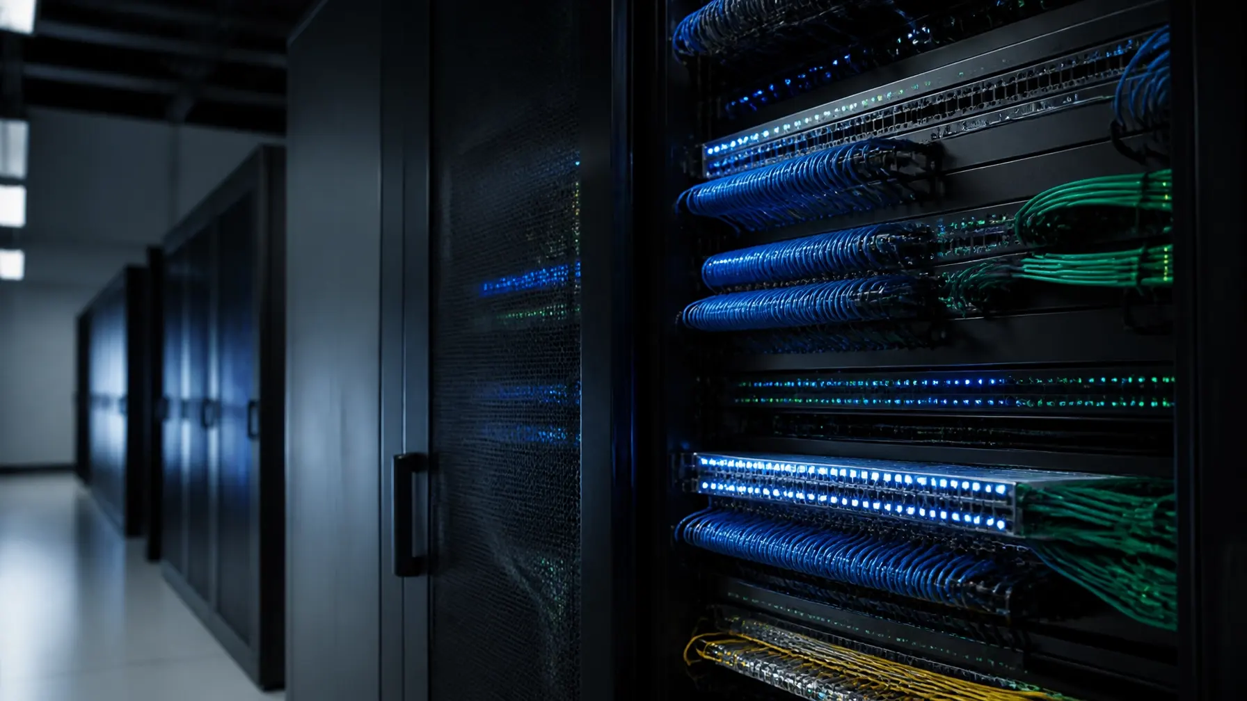 Modern data center rack with blue and green fiber connections arranged in clean, organized pathways