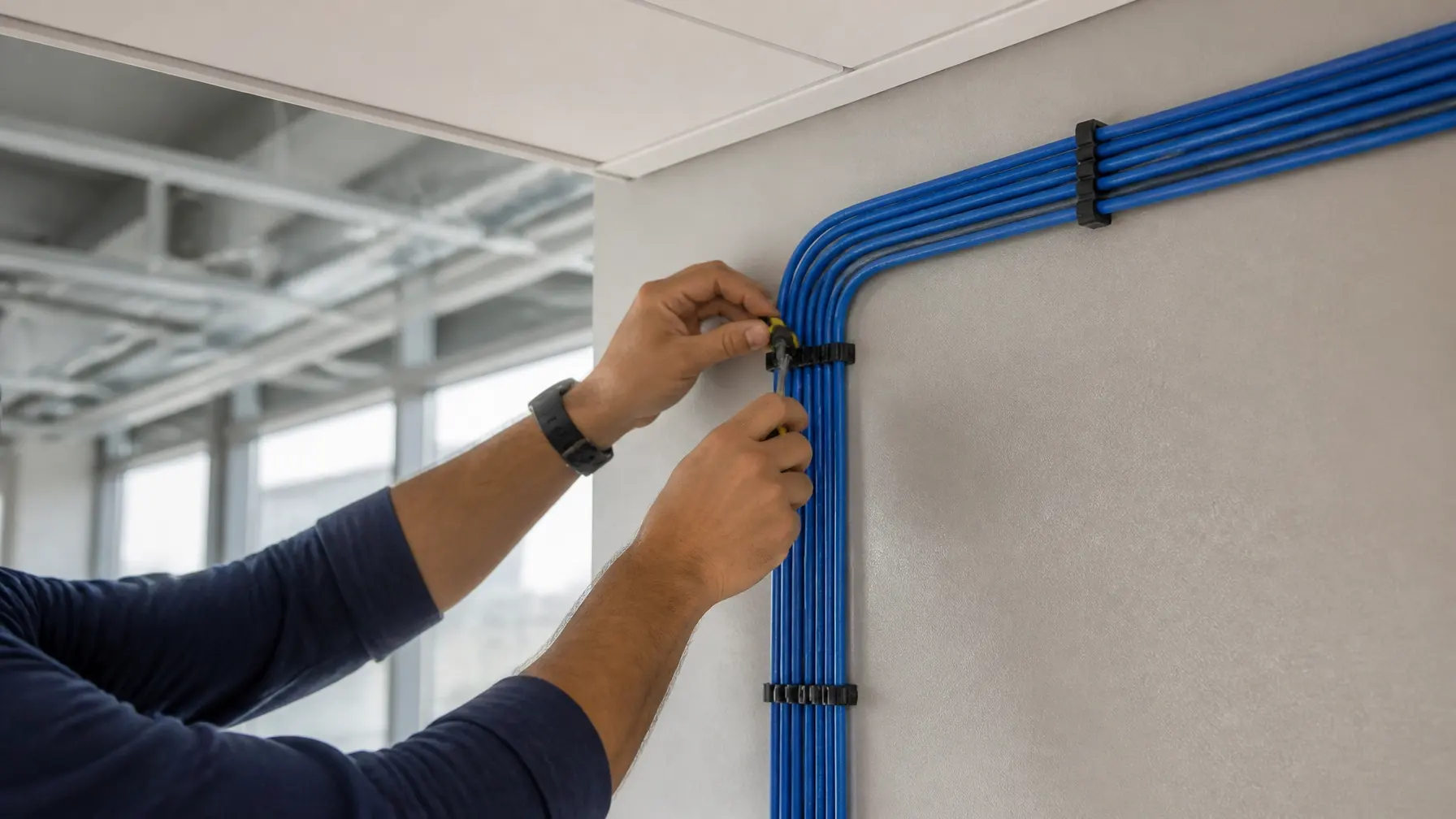 Technician securing neatly routed blue network cable pathways in a modern commercial build-out