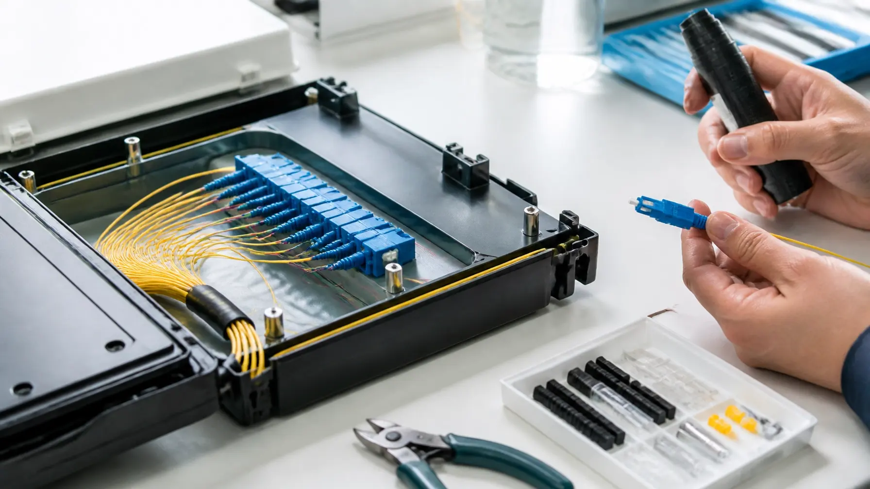 Technician testing organized fiber optic terminations on a clean technical workbench