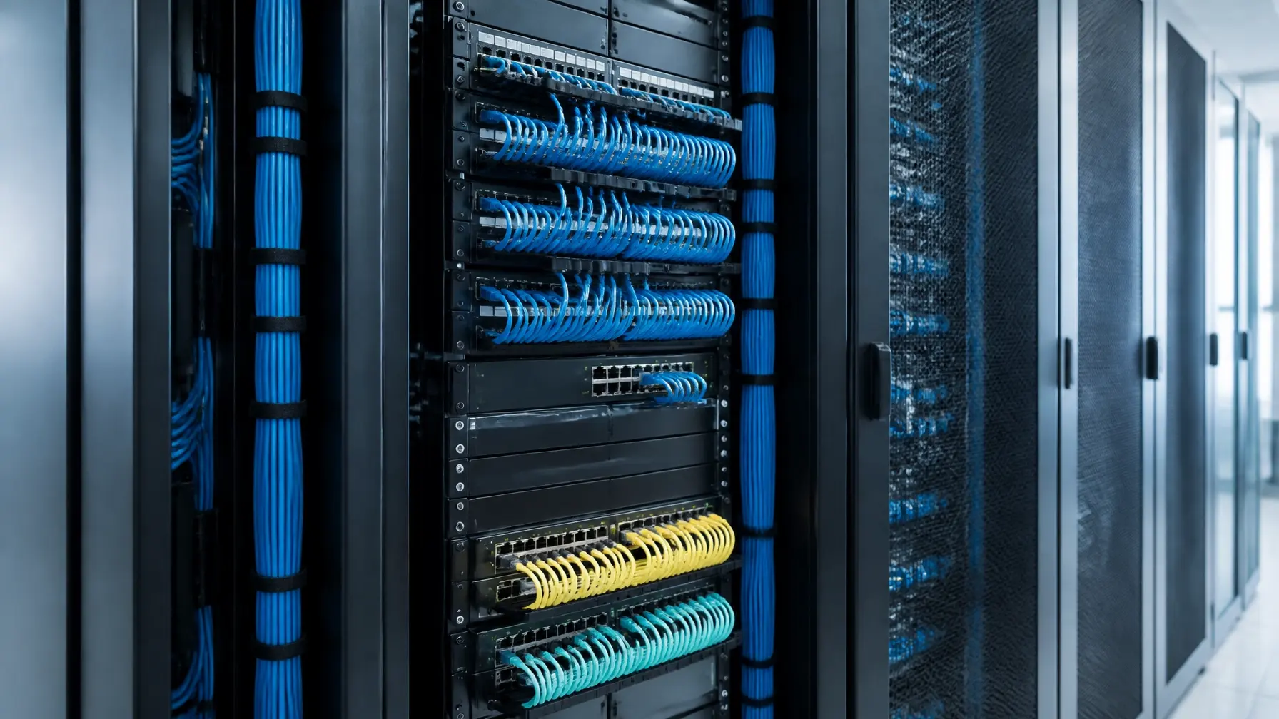 Professional network rack with evenly dressed cables, vertical managers, and organized patch panels