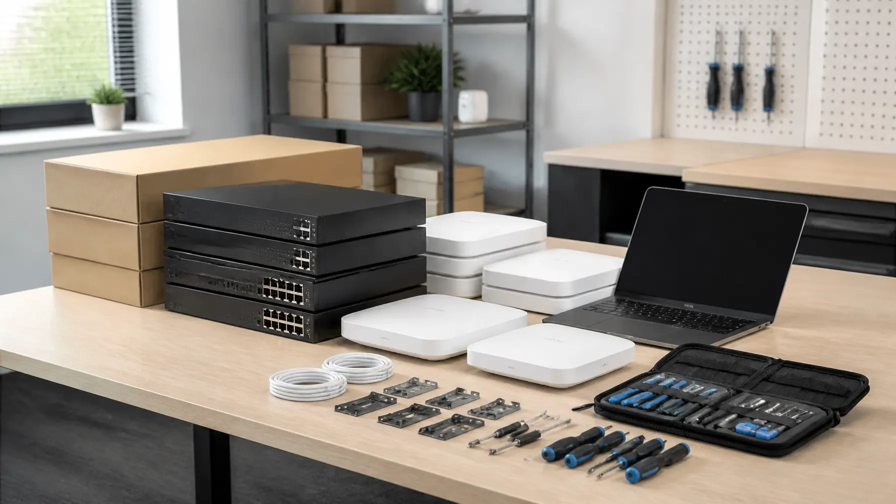 Organized commercial network hardware and tools staged for a multi-site deployment